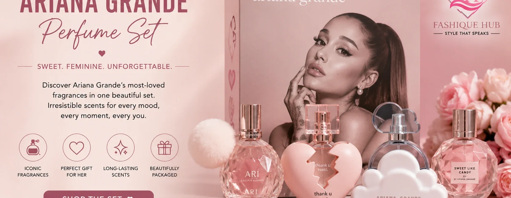 Elegant Ariana Grande perfume set display